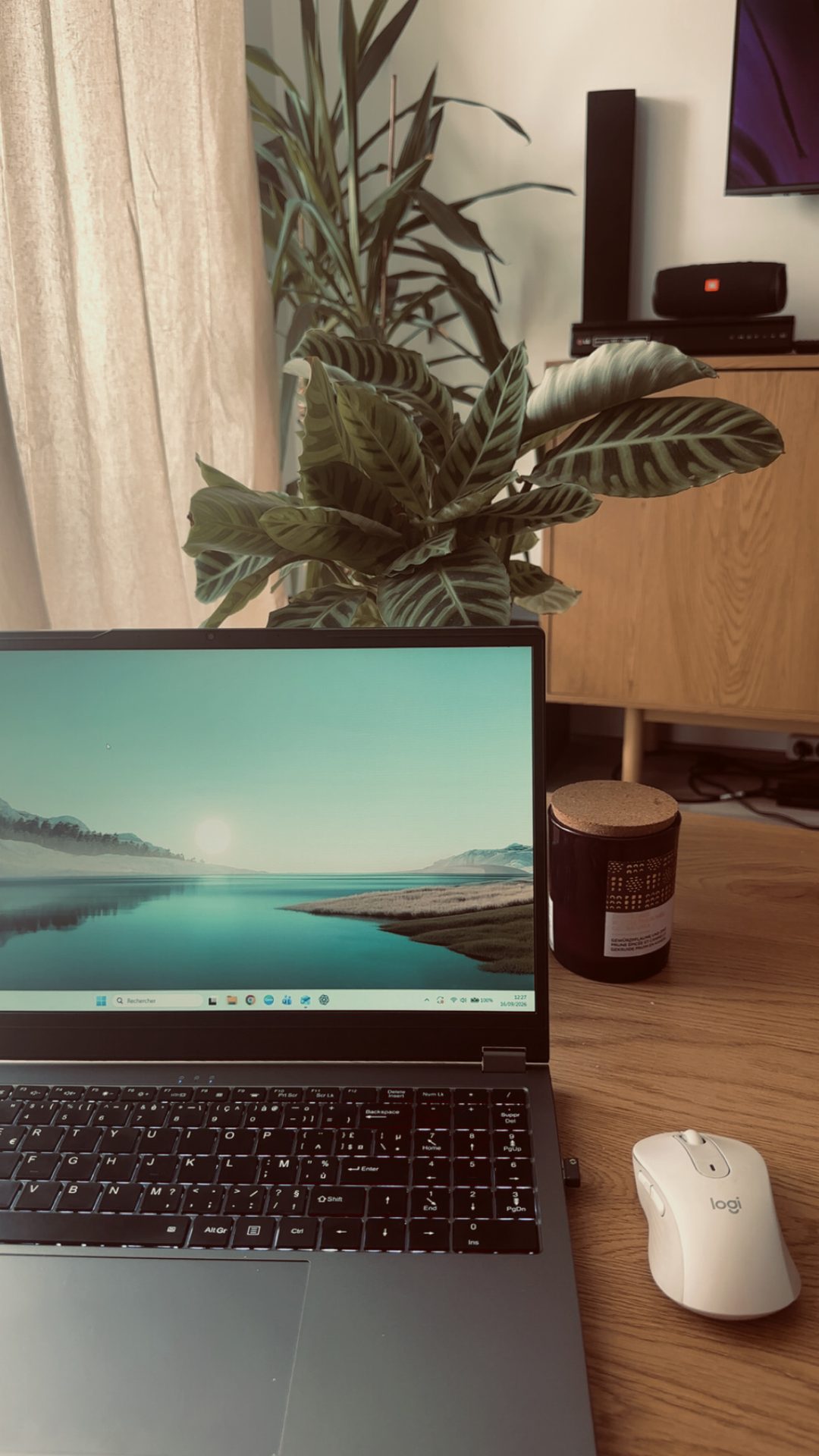 Mon poste de travail : un ordinateur portable ouvert et une souris sur un bureau en bois, avec des plantes vertes en arrière-plan.